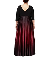 Ignite Evenings Plus Size 3/4 Sleeve Round Neck Ribbon Belted Detail Ombre Satin Ball Gown