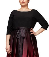 Ignite Evenings Plus Size 3/4 Sleeve Round Neck Ribbon Belted Detail Ombre Satin Ball Gown