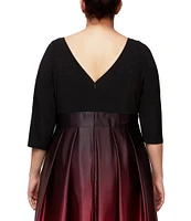 Ignite Evenings Plus Size 3/4 Sleeve Round Neck Ribbon Belted Detail Ombre Satin Ball Gown