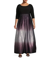 Ignite Evenings Plus Size 3/4 Sleeve Round Neck Ribbon Belted Detail Ombre Satin Ball Gown