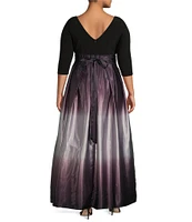 Ignite Evenings Plus Size 3/4 Sleeve Round Neck Ribbon Belted Detail Ombre Satin Ball Gown