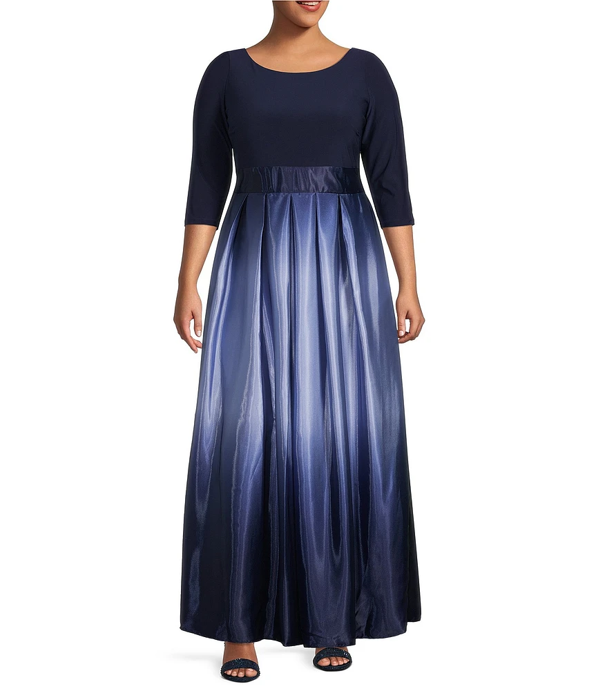 Ignite Evenings Plus Size 3/4 Sleeve Round Neck Ribbon Belted Detail Ombre Satin Ball Gown