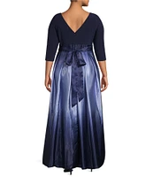 Ignite Evenings Plus Size 3/4 Sleeve Round Neck Ribbon Belted Detail Ombre Satin Ball Gown