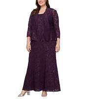 Ignite Evenings Plus Size 3/4 Sleeve Scoop Neck Sequin Lace 2-Piece Jacket Dress