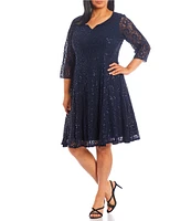 Ignite Evenings Plus Size 3/4 Sleeve V-Neck Sequin Lace A-Line Dress