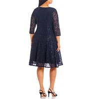 Ignite Evenings Plus Size 3/4 Sleeve V-Neck Sequin Lace A-Line Dress