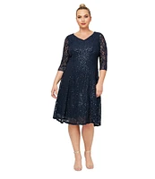 Ignite Evenings Plus Size 3/4 Sleeve V-Neck Sequin Lace A-Line Dress