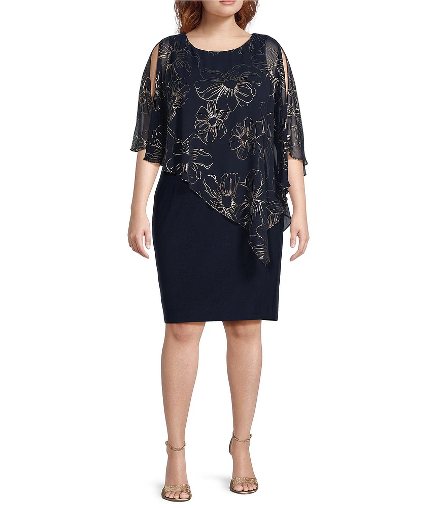 Ignite Evenings Plus Size Asymmetric Chiffon Floral Print Overlay Beaded Trim Sheath Dress