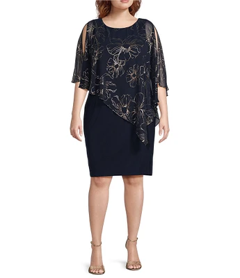 Ignite Evenings Plus Size Asymmetric Chiffon Floral Print Overlay Beaded Trim Sheath Dress