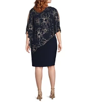 Ignite Evenings Plus Size Asymmetric Chiffon Floral Print Overlay Beaded Trim Sheath Dress