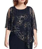 Ignite Evenings Plus Size Asymmetric Chiffon Floral Print Overlay Beaded Trim Sheath Dress