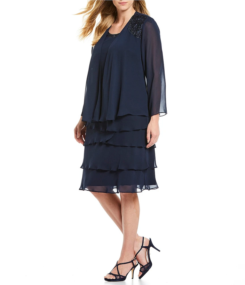 Ignite Evenings Plus Size Beaded Lace Shoulder Chiffon 2-Piece Jacket Dress