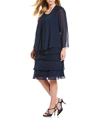 Ignite Evenings Plus Size Beaded Lace Shoulder Chiffon 2-Piece Jacket Dress