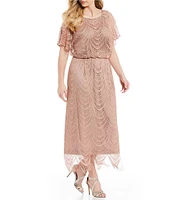 Ignite Evenings Plus Size Round Neck Short Sleeve Scallop Fringe Blouson Midi Dress