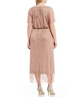 Ignite Evenings Plus Size Round Neck Short Sleeve Scallop Fringe Blouson Midi Dress