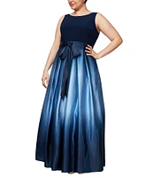 Ignite Evenings Plus Size Boat Neck Ombre Satin Bow Sleeveless Gown