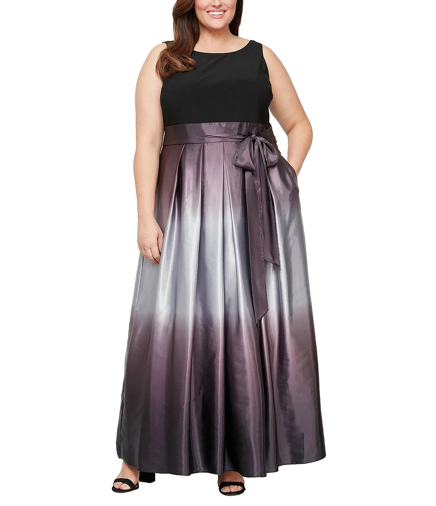 Ignite Evenings Plus Size Boat Neck Ombre Satin Bow Sleeveless Gown