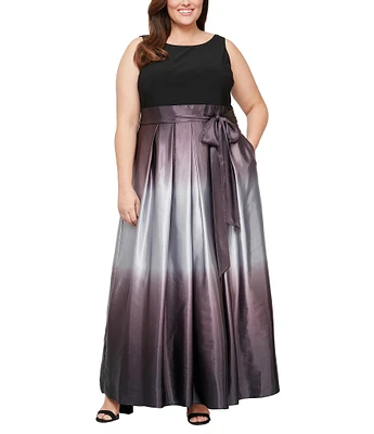 Ignite Evenings Plus Size Boat Neck Ombre Satin Bow Sleeveless Gown