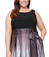 Ignite Evenings Plus Size Boat Neck Ombre Satin Bow Sleeveless Gown