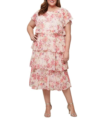 Ignite Evenings Plus Size Boat Neck Short Sleeve Tiered Floral Midi Dress