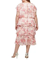 Ignite Evenings Plus Size Boat Neck Short Sleeve Tiered Floral Midi Dress