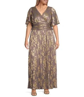 Ignite Evenings Plus Size Bodre Surplice Neck Flutter Sleeve Foil Floral A-Line Gown