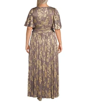 Ignite Evenings Plus Size Bodre Surplice Neck Flutter Sleeve Foil Floral A-Line Gown