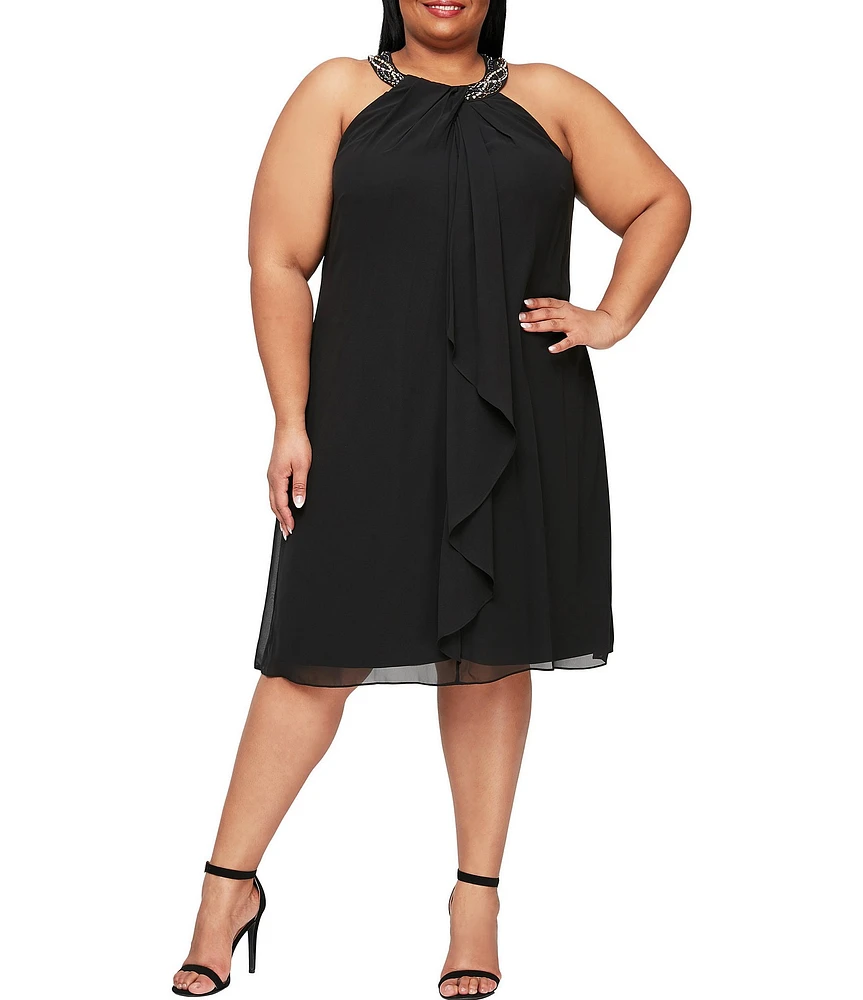 Ignite Evenings Plus Size Braid Bead Halter Neck Sleeveless Ruffle Chiffon Dress
