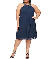 Ignite Evenings Plus Size Braid Bead Halter Neck Sleeveless Ruffle Chiffon Dress