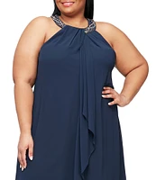 Ignite Evenings Plus Size Braid Bead Halter Neck Sleeveless Ruffle Chiffon Dress