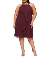 Ignite Evenings Plus Size Braid Bead Halter Neck Sleeveless Ruffle Chiffon Dress