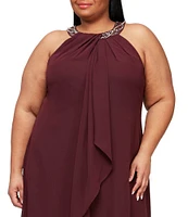 Ignite Evenings Plus Size Braid Bead Halter Neck Sleeveless Ruffle Chiffon Dress