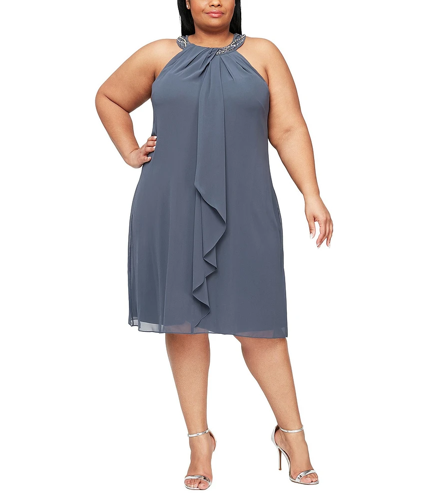 Ignite Evenings Plus Size Braid Bead Halter Neck Sleeveless Ruffle Chiffon Dress