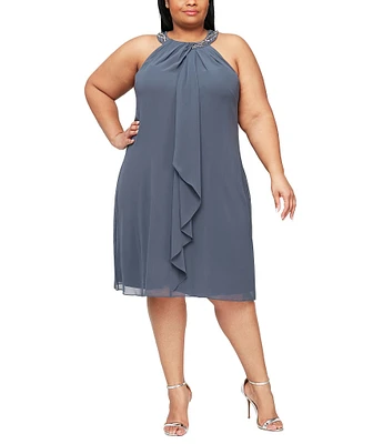 Ignite Evenings Plus Size Braid Bead Halter Neck Sleeveless Ruffle Chiffon Dress