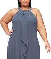 Ignite Evenings Plus Size Braid Bead Halter Neck Sleeveless Ruffle Chiffon Dress