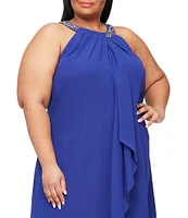 Ignite Evenings Plus Size Braid Bead Halter Neck Sleeveless Ruffle Chiffon Dress