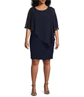 Ignite Evenings Plus Size Round Neck Short Sleeve Chiffon Asymmetric Overlay Beaded Shoulder Popover Dress