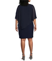 Ignite Evenings Plus Size Round Neck Short Sleeve Chiffon Asymmetric Overlay Beaded Shoulder Popover Dress