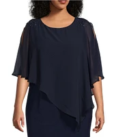 Ignite Evenings Plus Size Round Neck Short Sleeve Chiffon Asymmetric Overlay Beaded Shoulder Popover Dress