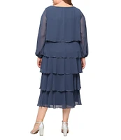 Ignite Evenings Plus Size Chiffon Boat Neck 3/4 Sleeve Beaded Trim Tiered Midi Dress