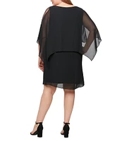 Ignite Evenings Plus Size Chiffon Embellished Scoop Neck 3/4 Sleeve Overlay Dress