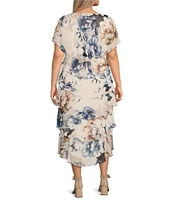 Ignite Evenings Plus Size Chiffon Embellished Shoulder Cap Sleeve Crew Neck Floral Tiered Midi Dress