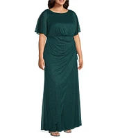 Ignite Evenings Plus Size Crew Neck Flutter Sleeve Glitter Mesh Empire Waist Dress