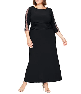 Ignite Evenings Plus Size Embellished 3/4 Sleeve Boat Neck Gown