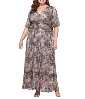 Ignite Evenings Plus Size Metallic Bodre Floral Print V-Neck Short Sleeve Ruched A-Line Dress