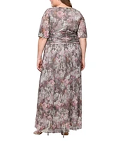 Ignite Evenings Plus Size Metallic Bodre Floral Print V-Neck Short Sleeve Ruched A-Line Dress