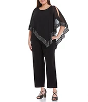 Ignite Evenings Plus Size Foil Trim Round Neck Asymmetric Cape 3/4 Sleeve Jumpsuit