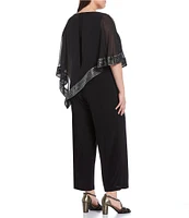 Ignite Evenings Plus Size Foil Trim Round Neck Asymmetric Cape 3/4 Sleeve Jumpsuit