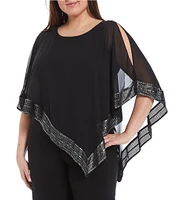 Ignite Evenings Plus Size Foil Trim Round Neck Asymmetric Cape 3/4 Sleeve Jumpsuit