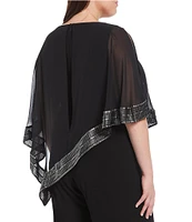 Ignite Evenings Plus Size Foil Trim Round Neck Asymmetric Cape 3/4 Sleeve Jumpsuit